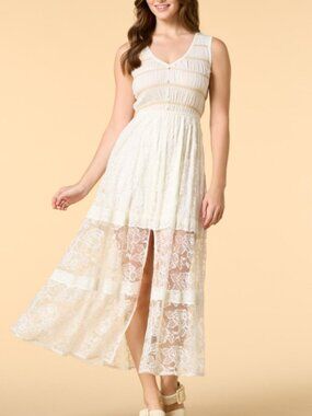 Blu Pepper Ivory Lace Maxi Dress Ruched Bodice Cottagecore Boho Romantic Size M